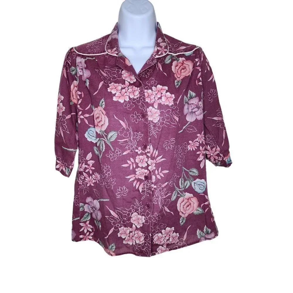Vintage 80s Blouse Top Shirt Womens Size M Pink Floral Half Sleeve